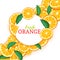 Round white frame on citrus orange diagonal composition background. Vector card illustration. Mandarin frame, tangerine