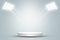 Round white podium or pedestal in studio room with spotlight in gray background.