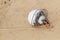 Round white polystyrene buoy a little tied to a rope network fishing fish on a wet sand background ocean design beach fishing