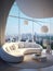 Round white sofa in penthouse with city view. Interior design of modern living room