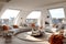 Round white sofa in penthouse with city view. Interior design of modern living room. Created with generative AI