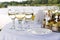 Round white table with glasses of champagne and mirror dish with canapes in nature