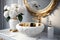 round white wash basin with gold accents and elegant silver accessories