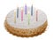 Round whole cake with lit candles isolated