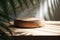Round Wood Podium Dish in Sunlight on White Countertop. Tropical Serenity. AI Generative