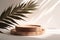 Round Wood Podium Dish in Sunlight on White Table Countertop. AI Generative