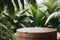 Round wooden podium for beauty products demonstration of against a green tropical plants background