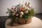 round wooden podium with springtime floral arrangement