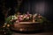 round wooden podium with springtime floral arrangement