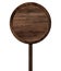 Round wooden signpost made of dark wood with single pole