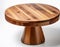 A round wooden table featuring a smooth finish and sturdy base, isolated on a white backdrop