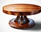 A round wooden table featuring a smooth finish and sturdy base, isolated on a white backdrop