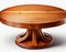 A round wooden table featuring a smooth finish and sturdy base, isolated on a white backdrop