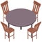 Round wooden table and four classic chairs. Kitchen or dining room furniture element for interior