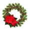 Round wreath from dry twigs and Christmas tree branches with red