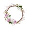 Round wreath from dry twigs with spring branches of peach flowers and leaves