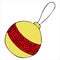 Round yellow ball for tree decoration with red stripe and monograms, doodle style vector element