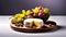 Round young cheese on a cutting board, with grapes, isolated on a white background with empty copy space,