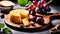 Round young cheese on a cutting board, with grapes, isolated on a white background with empty copy space,