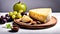 Round young cheese on a cutting board, with grapes, isolated on a white background with empty copy space,