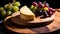Round young cheese on a cutting board, with grapes, isolated on a white background with empty copy space,