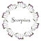 Round zodiac emblem of the zodiac signs Scorpius with elegant inscription in the center on a white background. Vintage circle from