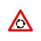 Roundabout crossroad ahead, red triangle warning sign vector.