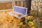 Rounded bench made of small square blue mosaic give up under a t