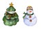 Rounded smiling Christmas tree and snowman with golden details on white background