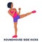 Roundhouse side kicks. Side kick. Sport exersice. Silhouettes of woman doing exercise. Workout, training