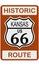 Route 66 old historic traffic sign with Kansas state