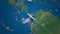 Route of commercial airplane flying from Rio de Janeiro to Los Angeles on the Earth globe