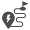 Route and location pin with lightning solid icon, electric car concept, Charge geo tag on map sign on white background
