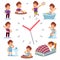 Daily routine clocks. Daily routine clocks. Schedule of happy boy life from morning breakfast at home eating school to