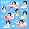 Daily routine of a little girl with dark hair - Set of eight good morning and good night routine actions