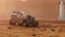 Rover drives on Martian surface. Starship in the background 4K 3D animation