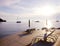 Rovinj, Croatia, May 25, 2019. Summer luxury resort beach with empty sun chairs on a beach by the sea