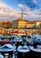 Rovinj old town, Istria, Croatia. Motorboats water in port Rovigno