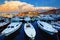 Rovinj old town, Istria, Croatia. Motorboats water in port Rovigno