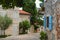 Rovinj old town, narrow cobblestone street, traditional Croatian buildings with window shutters, Istria, Croatia