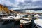 Rovinj town with multicolored buildings and yachts moored along embankment, Croatia.