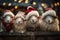 A row of adorable farm animals sheep adorned with Christmas wreaths and Santa hats, spreading holiday cheer. Generative Ai