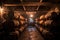 row of aged whiskey barrels in a dimly lit cellar