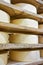 Row of aging Cheese in maturing cellar Franche Comte creamery