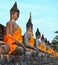 A row of ancient buddha statues in front of ruin pagoda