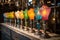 row of antique lamps with colorful glass shades