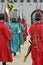 Row of armed guards in ancient traditional soldier uniforms in the old royal residence, Seoul, South Korea