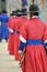 Row of armed guards in ancient traditional soldier uniforms in the old royal residence, Seoul, South Korea