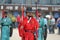 Row of armed guards in ancient traditional soldier uniforms in the old royal residence, Seoul, South Korea