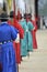 Row of armed guards in ancient traditional soldier uniforms in the old royal residence, Seoul, South Korea